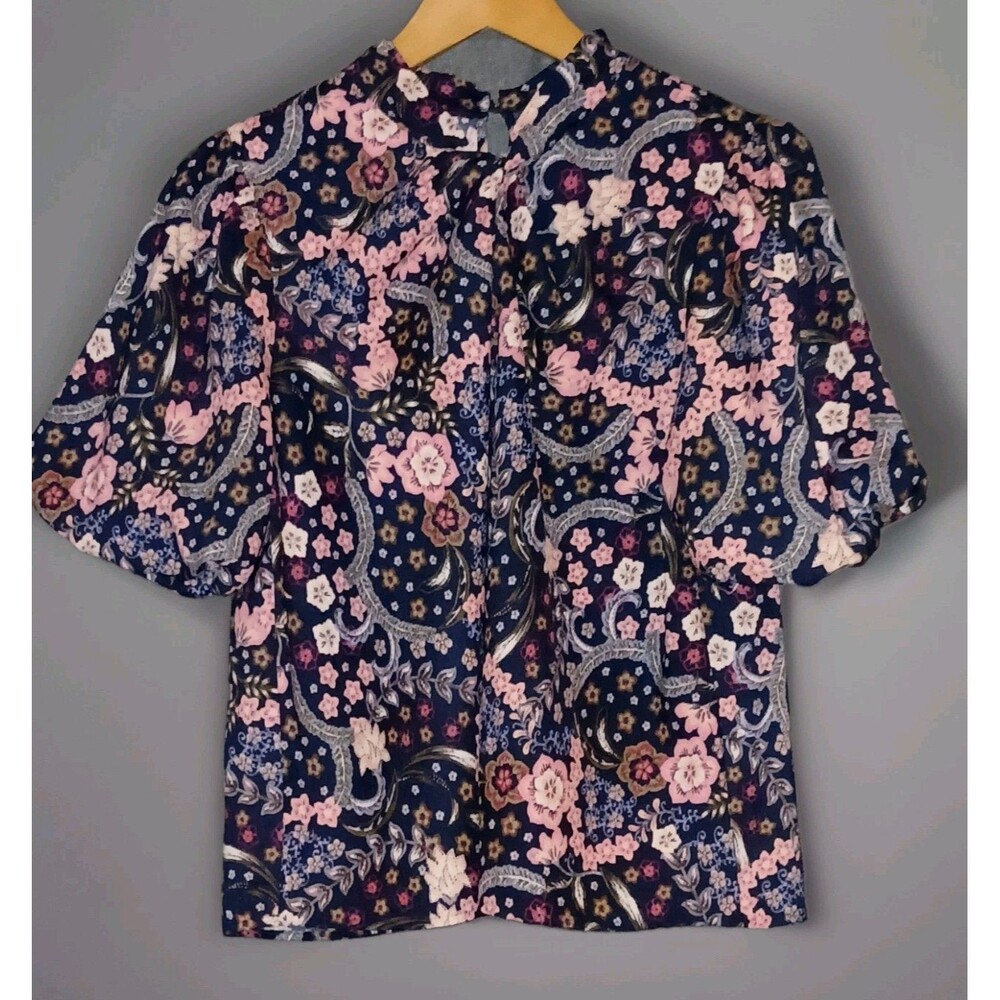 Ann Taylor Japanese Floral Top Sz Medium/Petite Blue/Pink Bell 3/4 Sleeves Boho